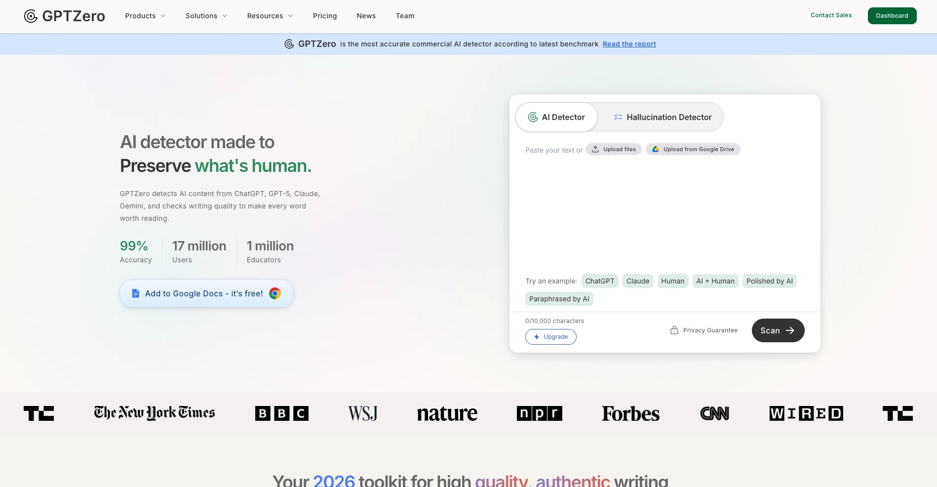 GPTZero AI detector landing page