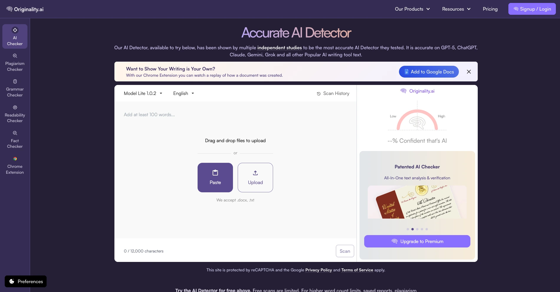 Originality AI detector landing page