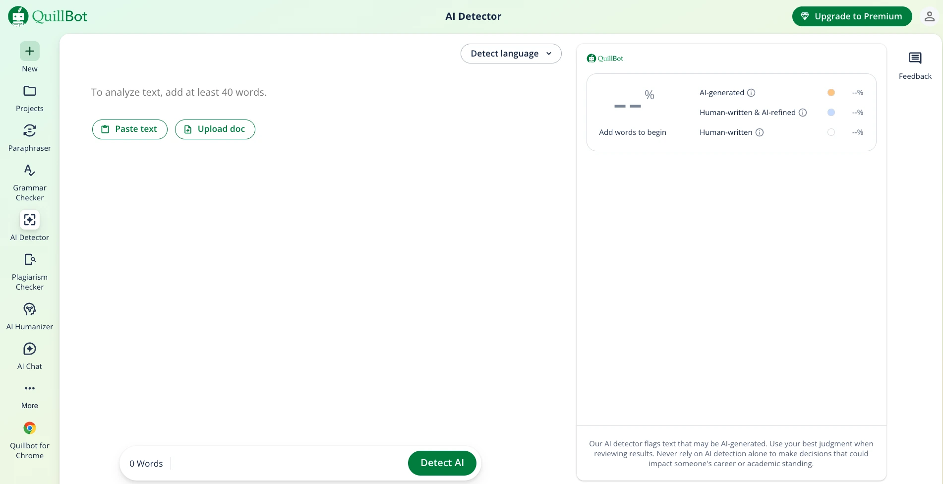 QuillBot AI detector landing page